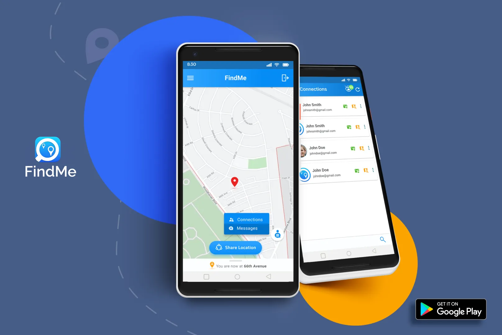 Two smartphones showing FindMe app with map and connection list screens on a blue and orange background, and Google Play download badge.