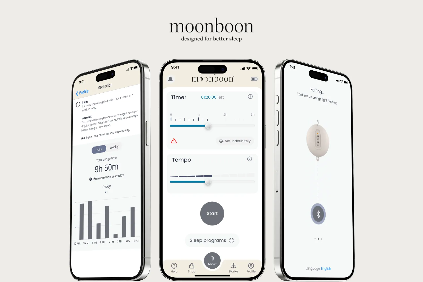 Three iPhones displaying the Moonboon app screens for sleep statistics, timer and tempo control, and Bluetooth pairing.