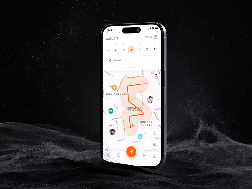 Smartphone displaying a map with a highlighted route and location markers against a dark, starry background.